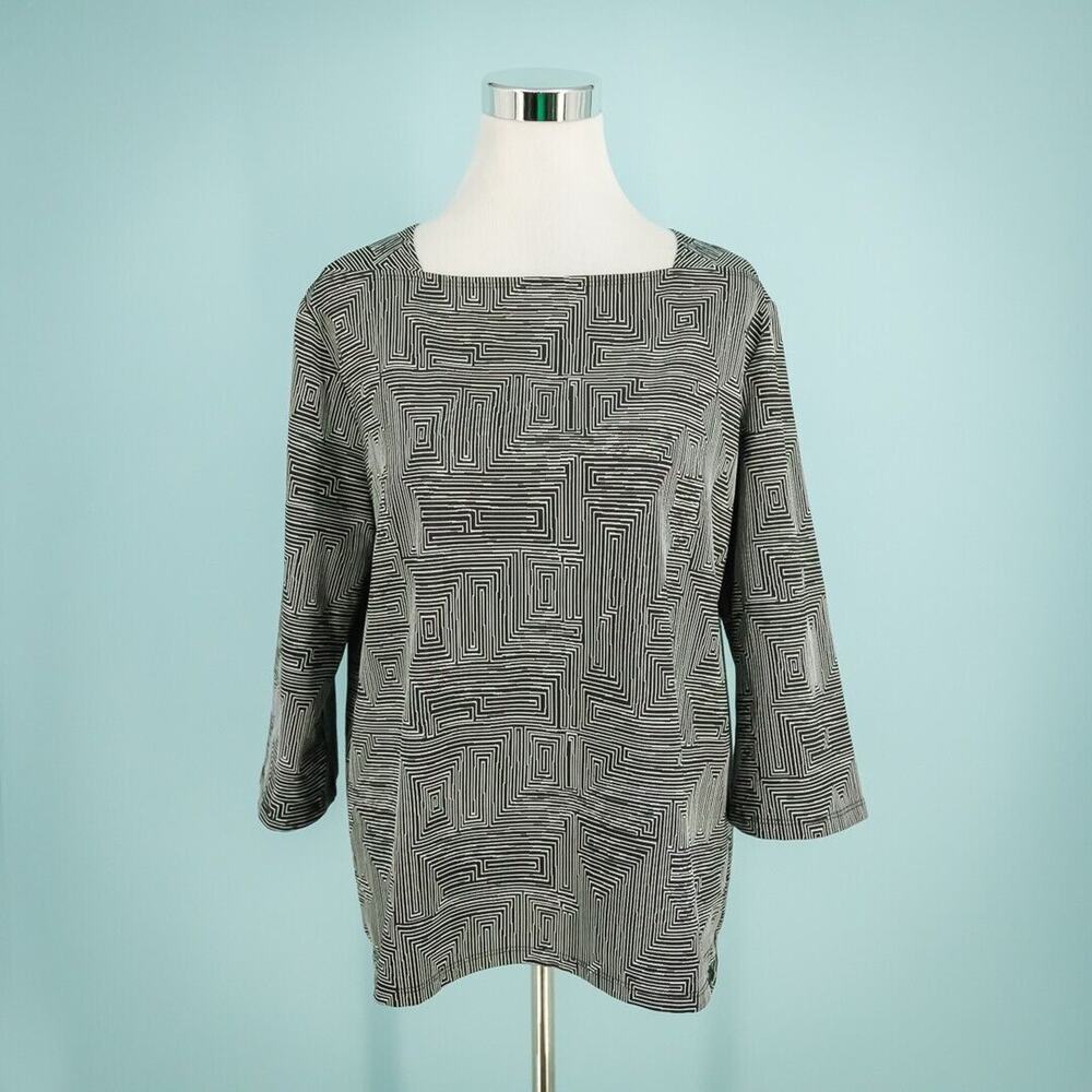 Clara Sun Woo Size Large L Black Geometric Print Square Neck Long Sleeve Art Top